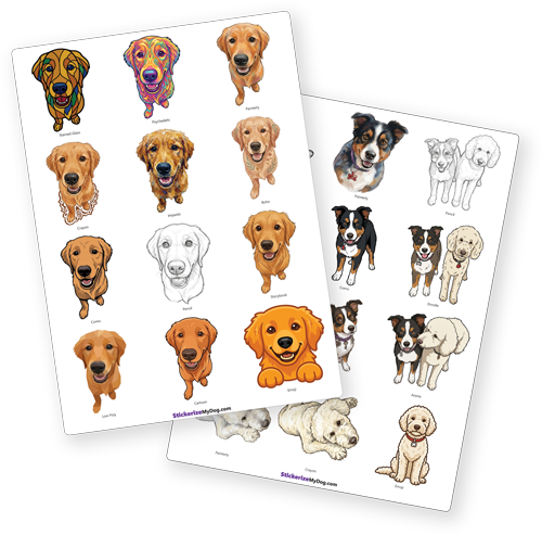 Two sample sheets of custom dog stickers in 12 styles each